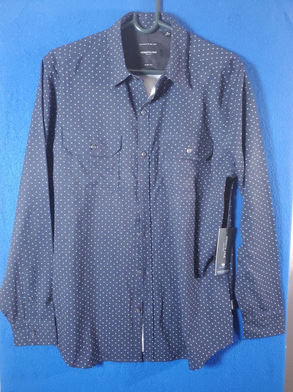 Kenneth Cole Men M Dress Shirt Navy Blue Polka Dot Long Sleeve Button Down NWT